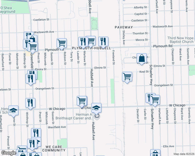 map of restaurants, bars, coffee shops, grocery stores, and more near 9975 Strathmoor Street in Detroit