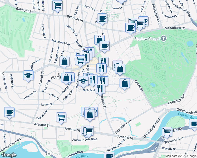 map of restaurants, bars, coffee shops, grocery stores, and more near 191 Arlington Street in Watertown