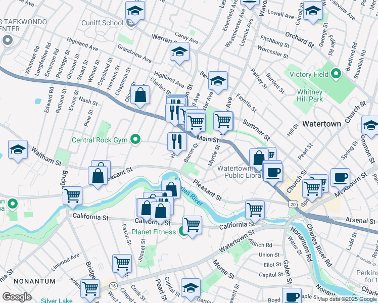 map of restaurants, bars, coffee shops, grocery stores, and more near 35 Bacon Street in Watertown