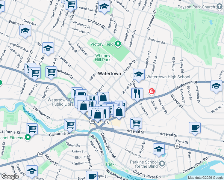 map of restaurants, bars, coffee shops, grocery stores, and more near 87 Church Street in Watertown