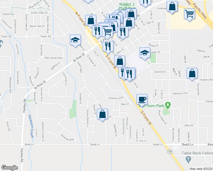 map of restaurants, bars, coffee shops, grocery stores, and more near 317 South Haskell Street in Central Point