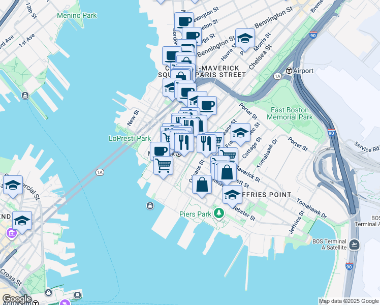 map of restaurants, bars, coffee shops, grocery stores, and more near 17 South Bremen Street in Boston