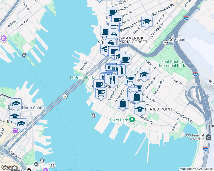 map of restaurants, bars, coffee shops, grocery stores, and more near 9-11 Maverick Square in Boston