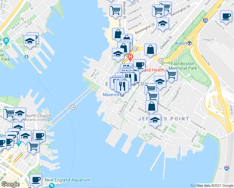 map of restaurants, bars, coffee shops, grocery stores, and more near 9-11 Maverick Square in Boston