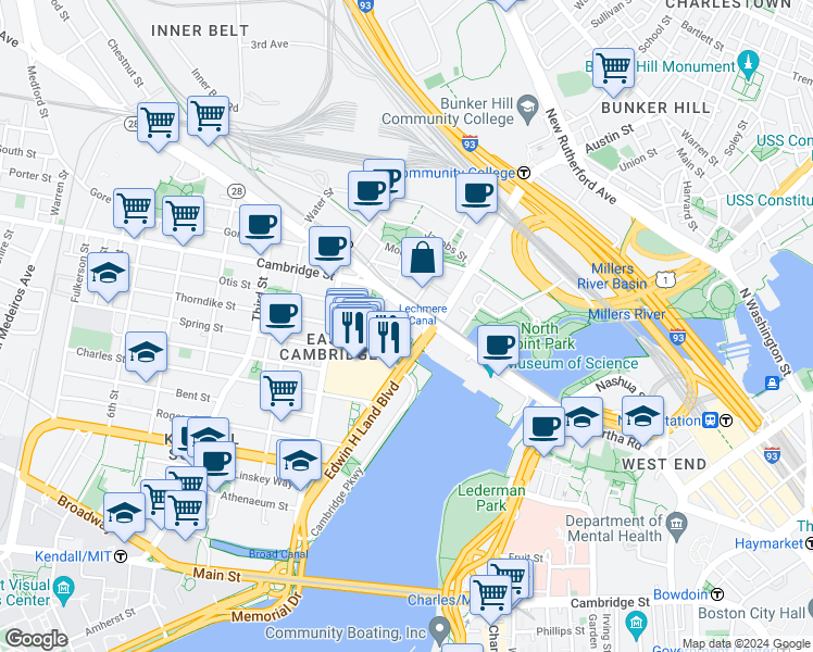 map of restaurants, bars, coffee shops, grocery stores, and more near in Cambridge