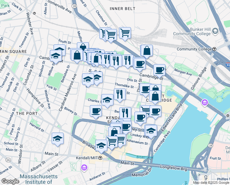 map of restaurants, bars, coffee shops, grocery stores, and more near 123 Spring Street in Cambridge