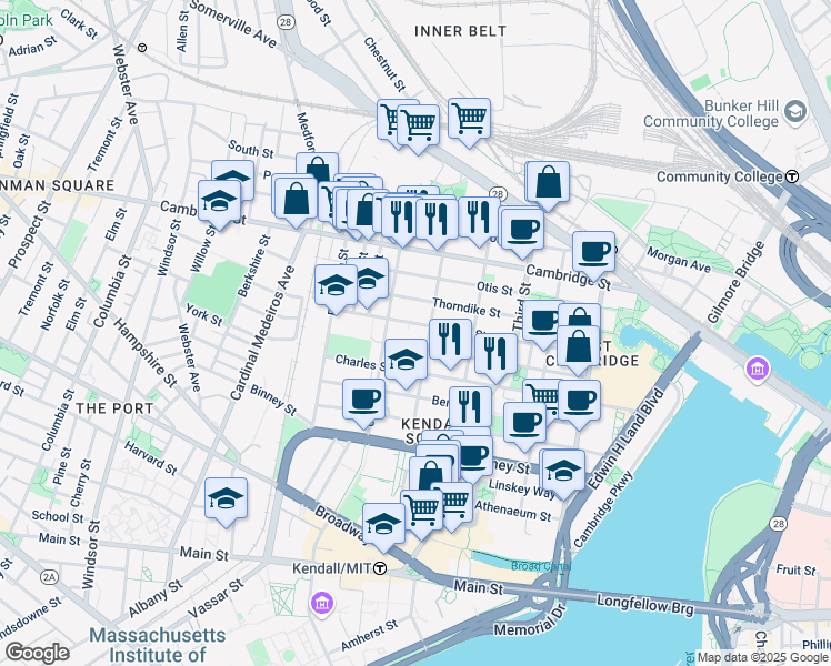 map of restaurants, bars, coffee shops, grocery stores, and more near 123 Spring Street in Cambridge