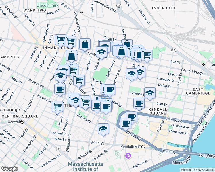 map of restaurants, bars, coffee shops, grocery stores, and more near 14 Vandine Street in Cambridge
