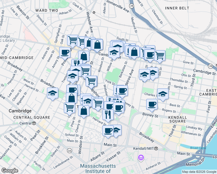 map of restaurants, bars, coffee shops, grocery stores, and more near 44 Plymouth Street in Cambridge