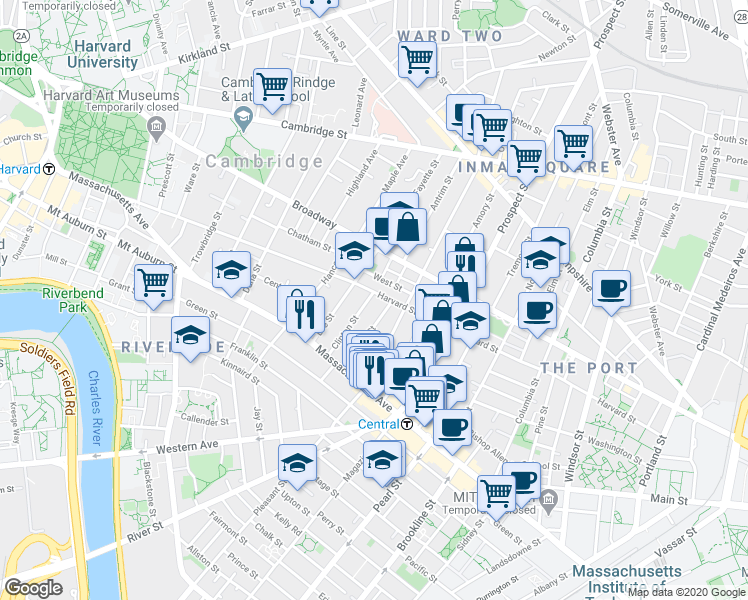 map of restaurants, bars, coffee shops, grocery stores, and more near 17 Bigelow Street in Cambridge