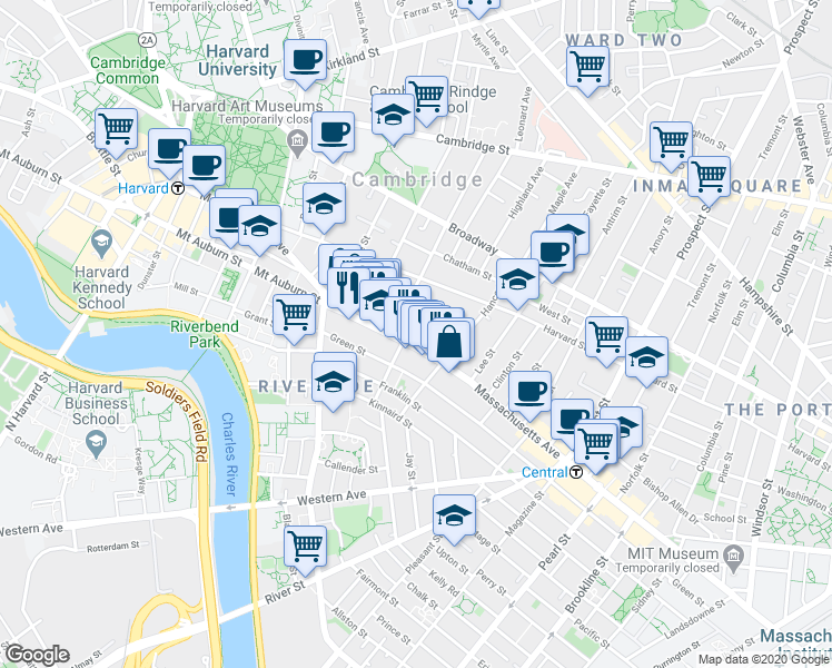 map of restaurants, bars, coffee shops, grocery stores, and more near in Cambridge