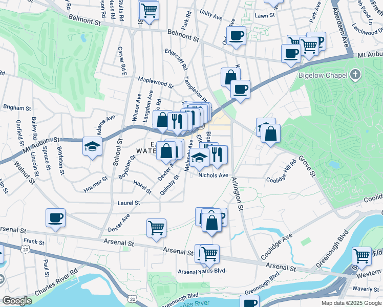 map of restaurants, bars, coffee shops, grocery stores, and more near 45 Elton Avenue in Watertown
