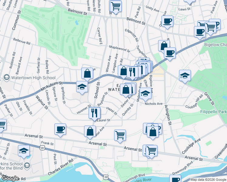 map of restaurants, bars, coffee shops, grocery stores, and more near 156 Nichols Avenue in Watertown