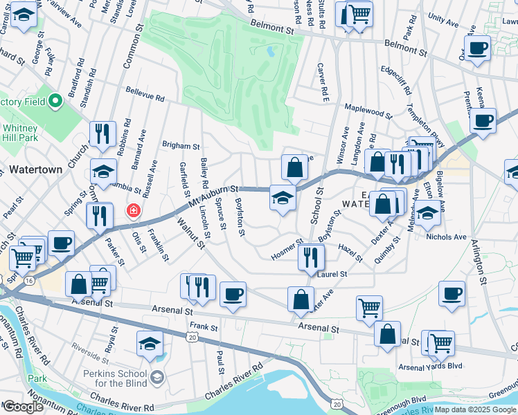 map of restaurants, bars, coffee shops, grocery stores, and more near 341 Mount Auburn Street in Watertown
