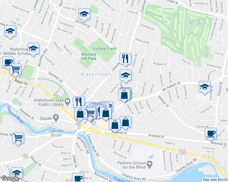 map of restaurants, bars, coffee shops, grocery stores, and more near 50 Marshall Street in Watertown