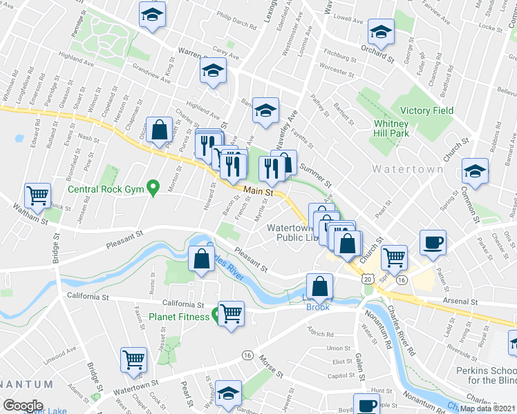 map of restaurants, bars, coffee shops, grocery stores, and more near 28 Middle Street in Watertown