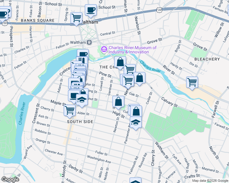 map of restaurants, bars, coffee shops, grocery stores, and more near 104 Cushing Street in Waltham