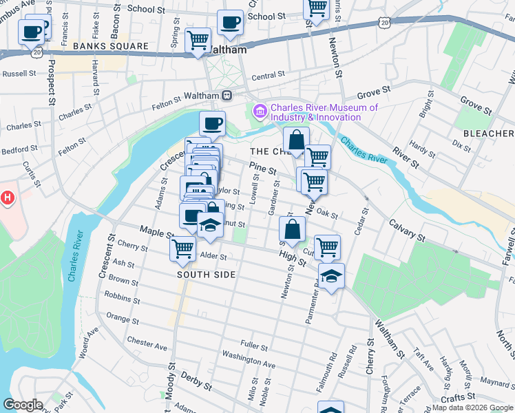 map of restaurants, bars, coffee shops, grocery stores, and more near 76 Cushing Street in Waltham