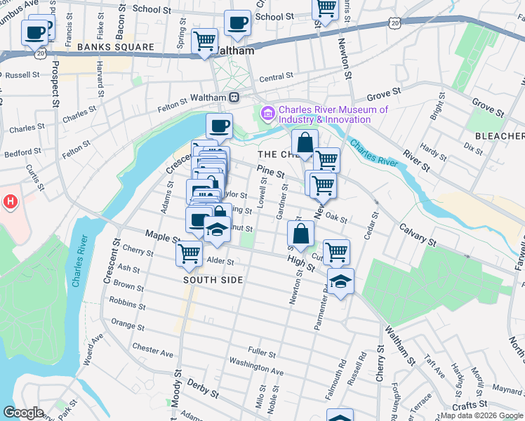 map of restaurants, bars, coffee shops, grocery stores, and more near 76 Cushing Street in Waltham