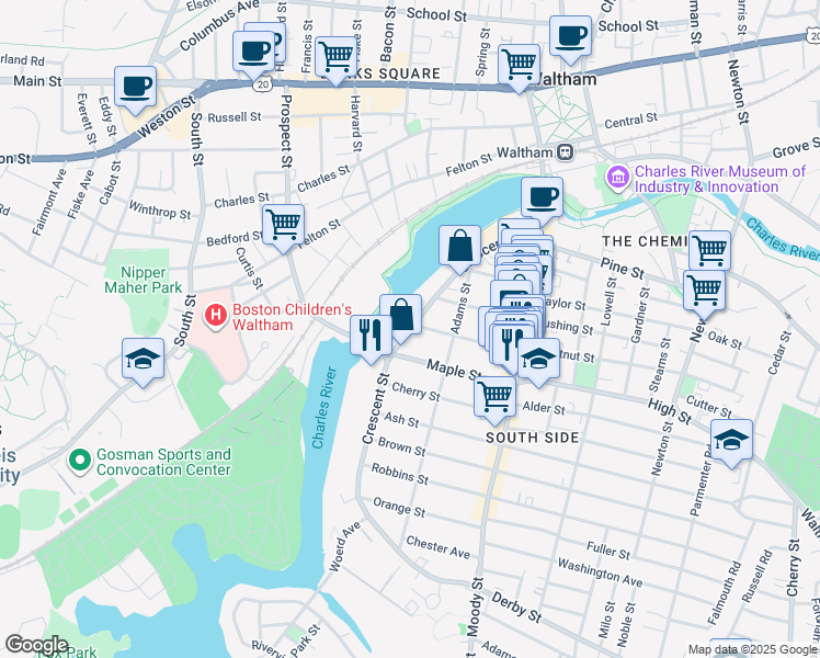 map of restaurants, bars, coffee shops, grocery stores, and more near 15 Chestnut Street in Waltham