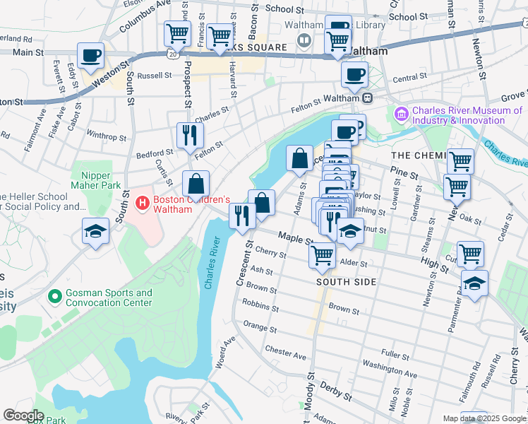 map of restaurants, bars, coffee shops, grocery stores, and more near 151 Crescent Street in Waltham