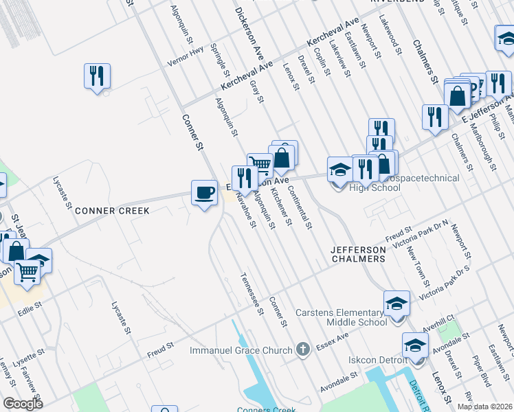 map of restaurants, bars, coffee shops, grocery stores, and more near in Grosse Pointe