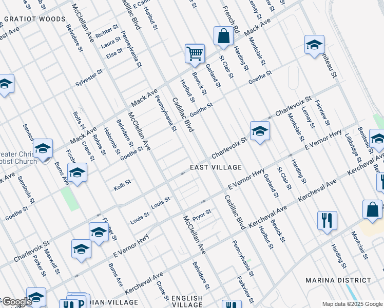 map of restaurants, bars, coffee shops, grocery stores, and more near 2937 Pennsylvania Street in Detroit