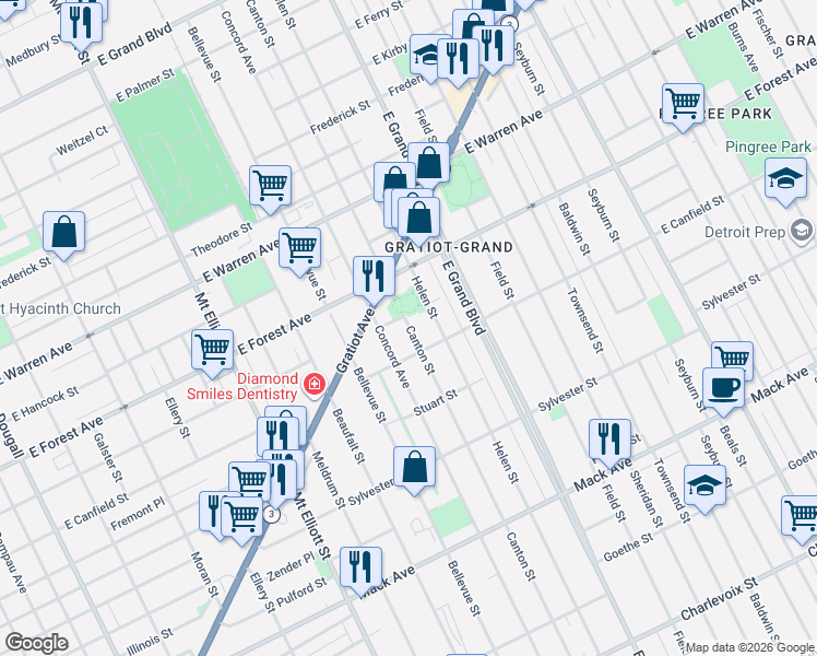 map of restaurants, bars, coffee shops, grocery stores, and more near 4441 Canton Street in Detroit