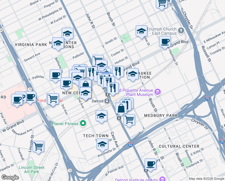 map of restaurants, bars, coffee shops, grocery stores, and more near 6408 Woodward Avenue in Detroit