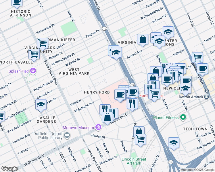 map of restaurants, bars, coffee shops, grocery stores, and more near 1350 West Bethune Street in Detroit