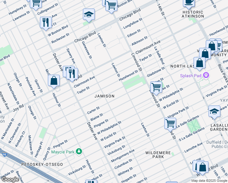 map of restaurants, bars, coffee shops, grocery stores, and more near 2952 Carter Street in Detroit