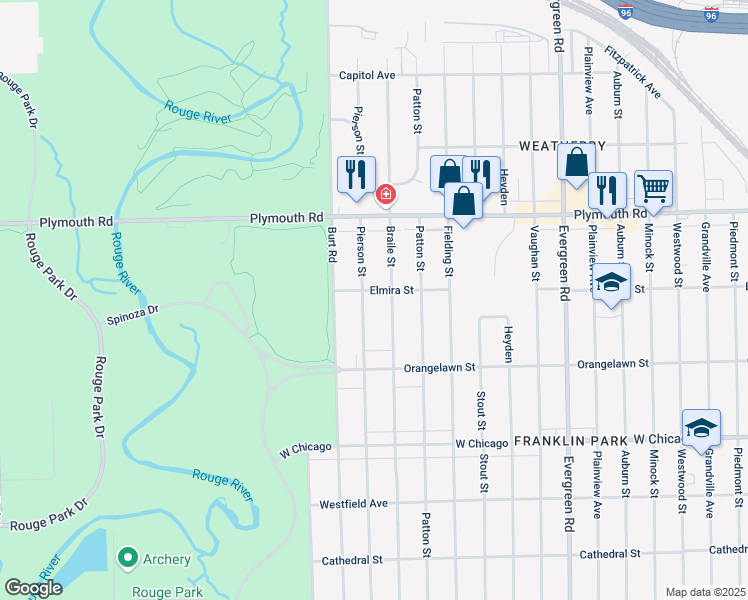 map of restaurants, bars, coffee shops, grocery stores, and more near 10033 Braile Street in Detroit