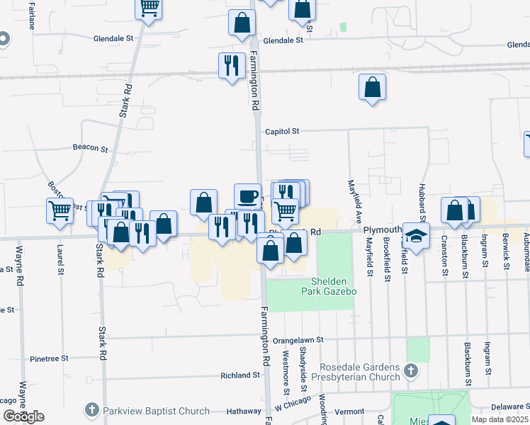 map of restaurants, bars, coffee shops, grocery stores, and more near 33330 Plymouth Road in Livonia