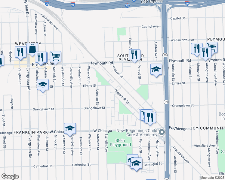 map of restaurants, bars, coffee shops, grocery stores, and more near 18701 Fitzpatrick Street in Detroit