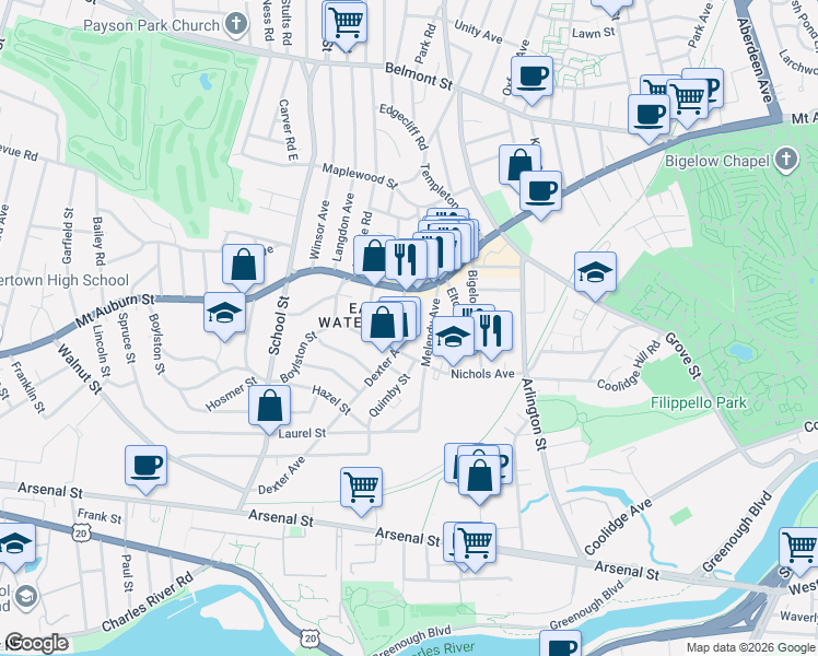 map of restaurants, bars, coffee shops, grocery stores, and more near 41 Melendy Avenue in Watertown