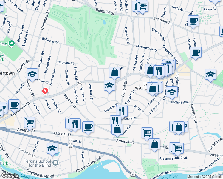 map of restaurants, bars, coffee shops, grocery stores, and more near 48 Hancock Street in Watertown