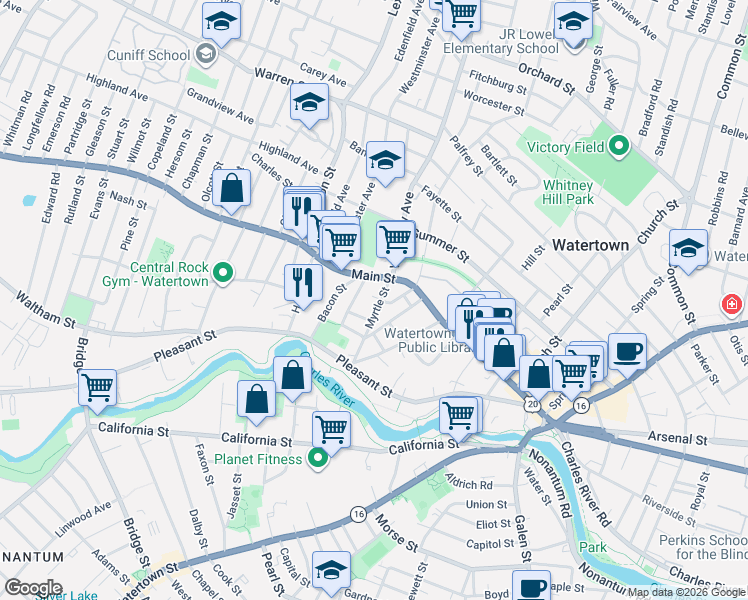map of restaurants, bars, coffee shops, grocery stores, and more near 28 Middle Street in Watertown