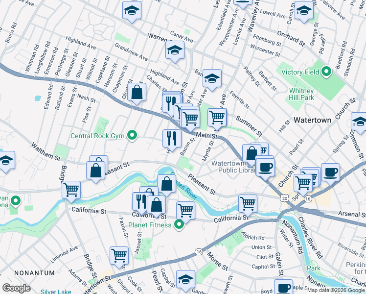 map of restaurants, bars, coffee shops, grocery stores, and more near 35 Bacon Street in Watertown