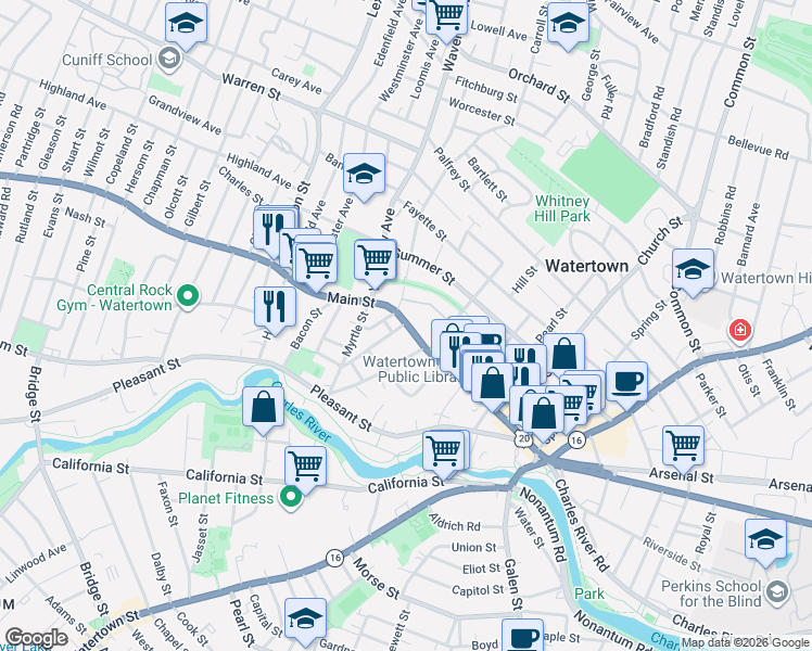 map of restaurants, bars, coffee shops, grocery stores, and more near 262 U.S. 20 in Watertown