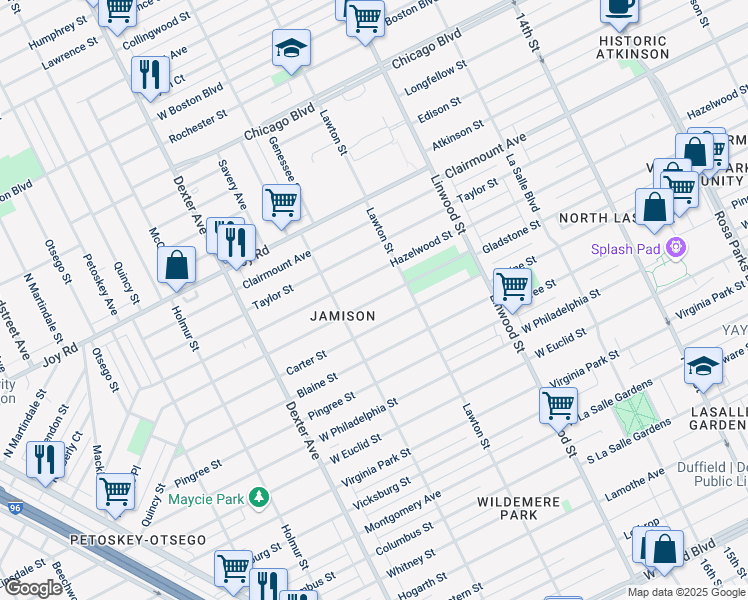 map of restaurants, bars, coffee shops, grocery stores, and more near 2952 Carter Street in Detroit