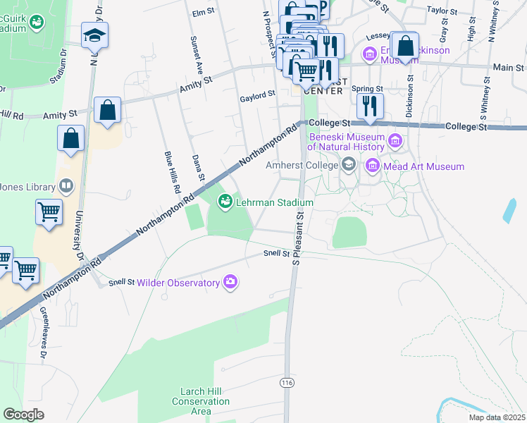 map of restaurants, bars, coffee shops, grocery stores, and more near Woodside Avenue in Amherst