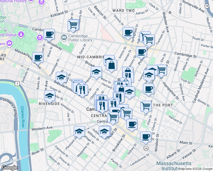 map of restaurants, bars, coffee shops, grocery stores, and more near 285 Harvard St in Mid-Cambridge