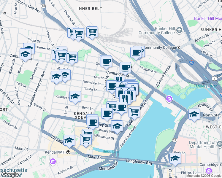 map of restaurants, bars, coffee shops, grocery stores, and more near 40 Thorndike Street in Cambridge