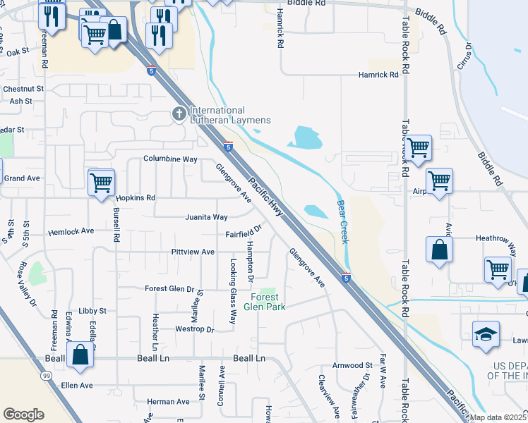 map of restaurants, bars, coffee shops, grocery stores, and more near 1068 Glengrove Avenue in Central Point