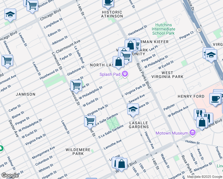 map of restaurants, bars, coffee shops, grocery stores, and more near 2247 West Euclid Street in Detroit