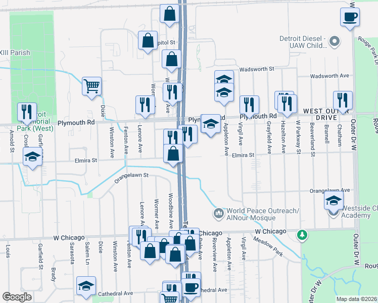 map of restaurants, bars, coffee shops, grocery stores, and more near 11310 Telegraph Road in Redford Charter Township