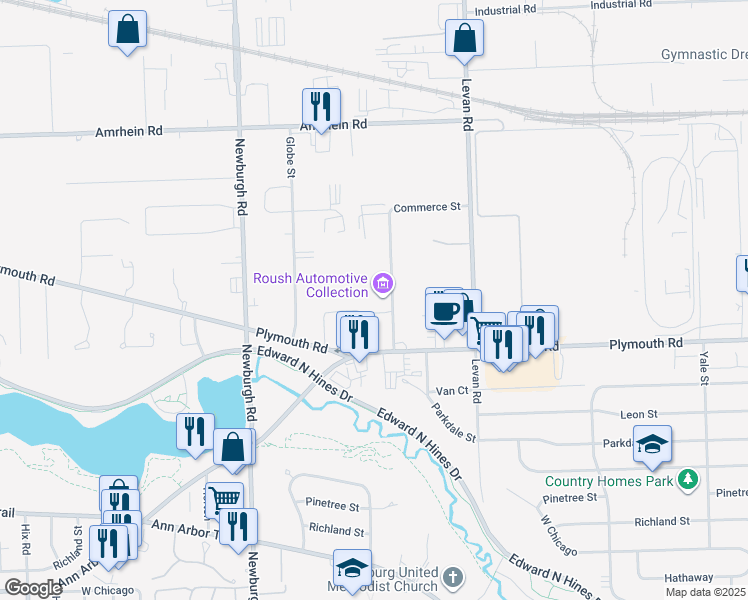 map of restaurants, bars, coffee shops, grocery stores, and more near 11789 Market Street in Livonia