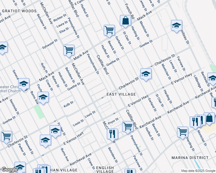 map of restaurants, bars, coffee shops, grocery stores, and more near 2937 Pennsylvania Street in Detroit