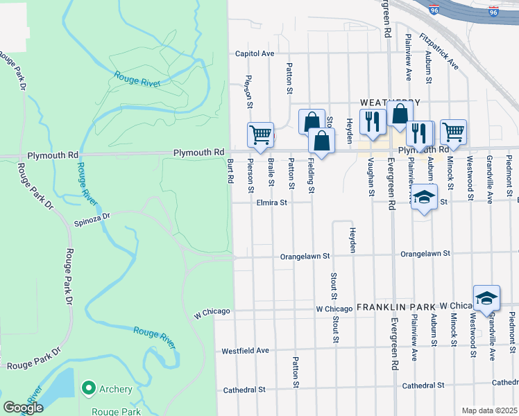 map of restaurants, bars, coffee shops, grocery stores, and more near 10033 Braile Street in Detroit