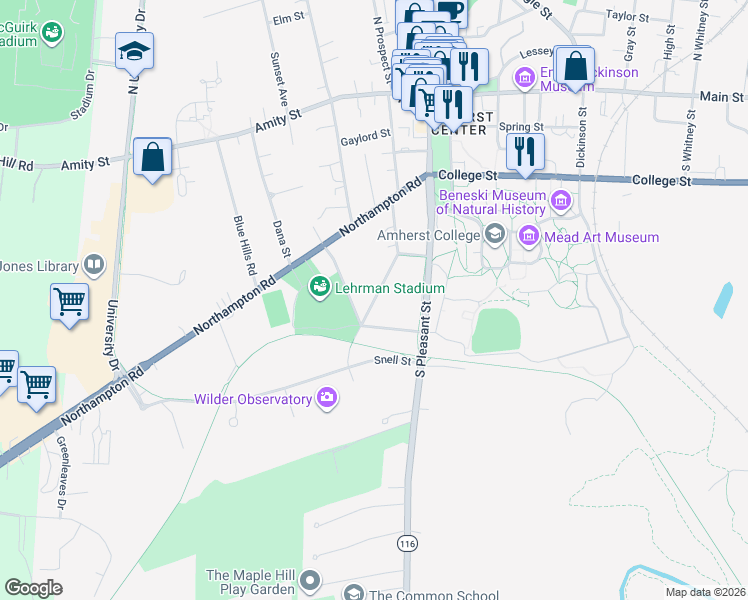 map of restaurants, bars, coffee shops, grocery stores, and more near Woodside Avenue in Amherst